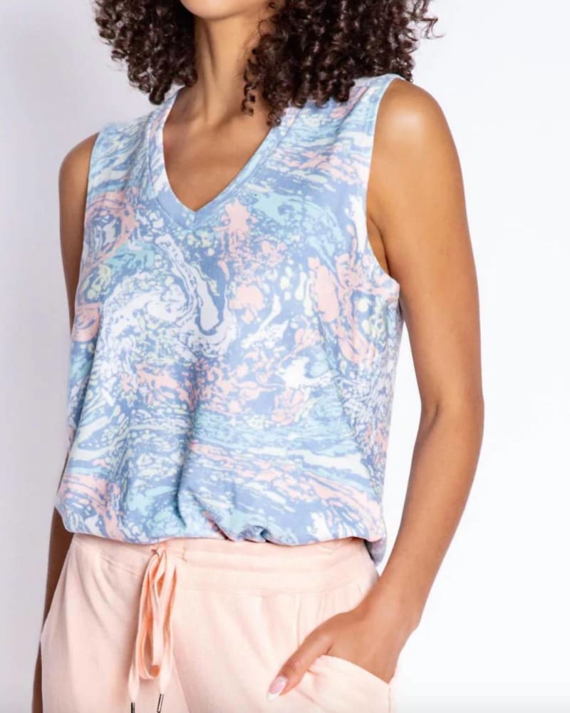 Front of a model wearing a size LG Molten Marble Tank in Multi in Multi by PJ Salvage. | dia_product_style_image_id:345264